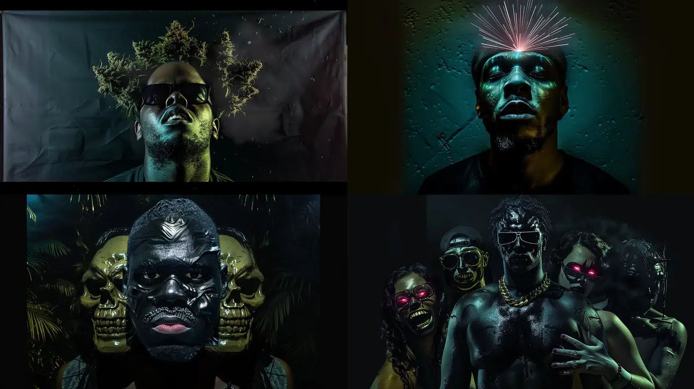 Neon Noir Fusion with Tribal and Cybernetic Motifs - Midjourney sref style