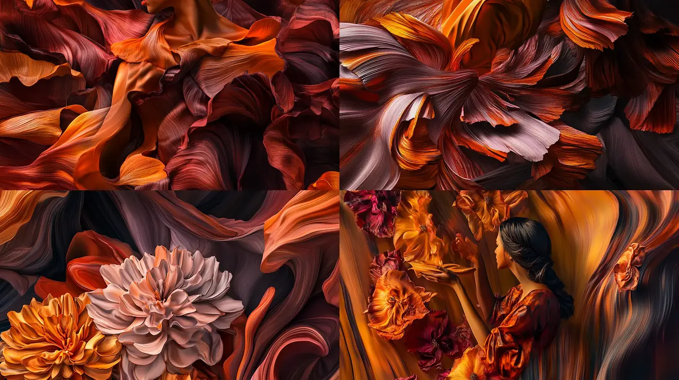 Warm Floral Whirlwind: A Dance of Textured Petals in Art - Midjourney sref style
