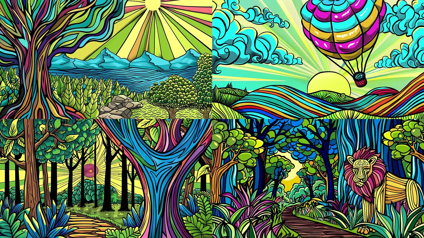 Vibrant Psychedelic Landscape with Stylized Nature Elements - Midjourney sref style