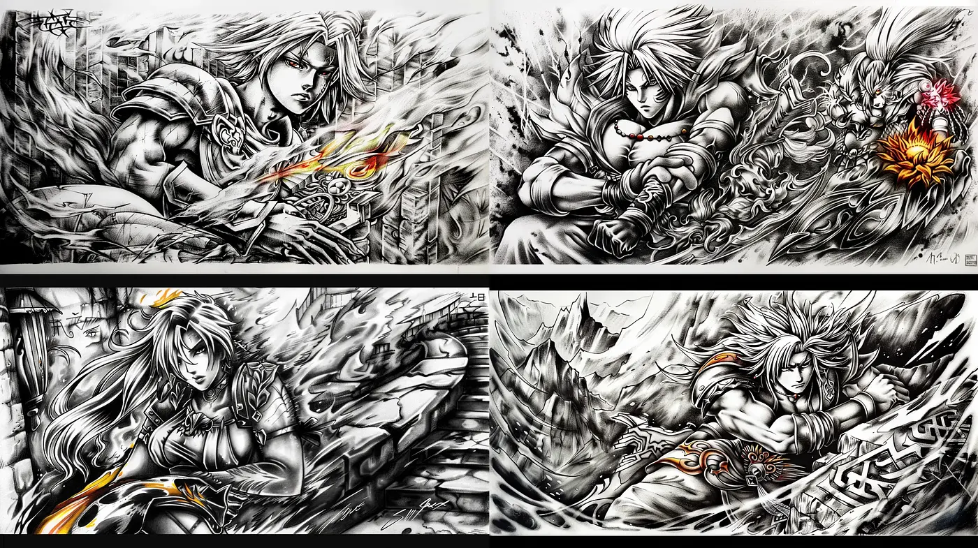 Monochromatic Fantasy Ink Dynamics with Ethereal Anime Influences - Midjourney sref style