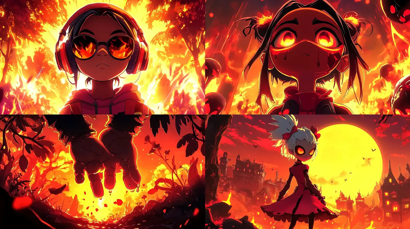 Fiery Sunset Dreamscape in Vivid Anime Illustration Style - Midjourney sref style