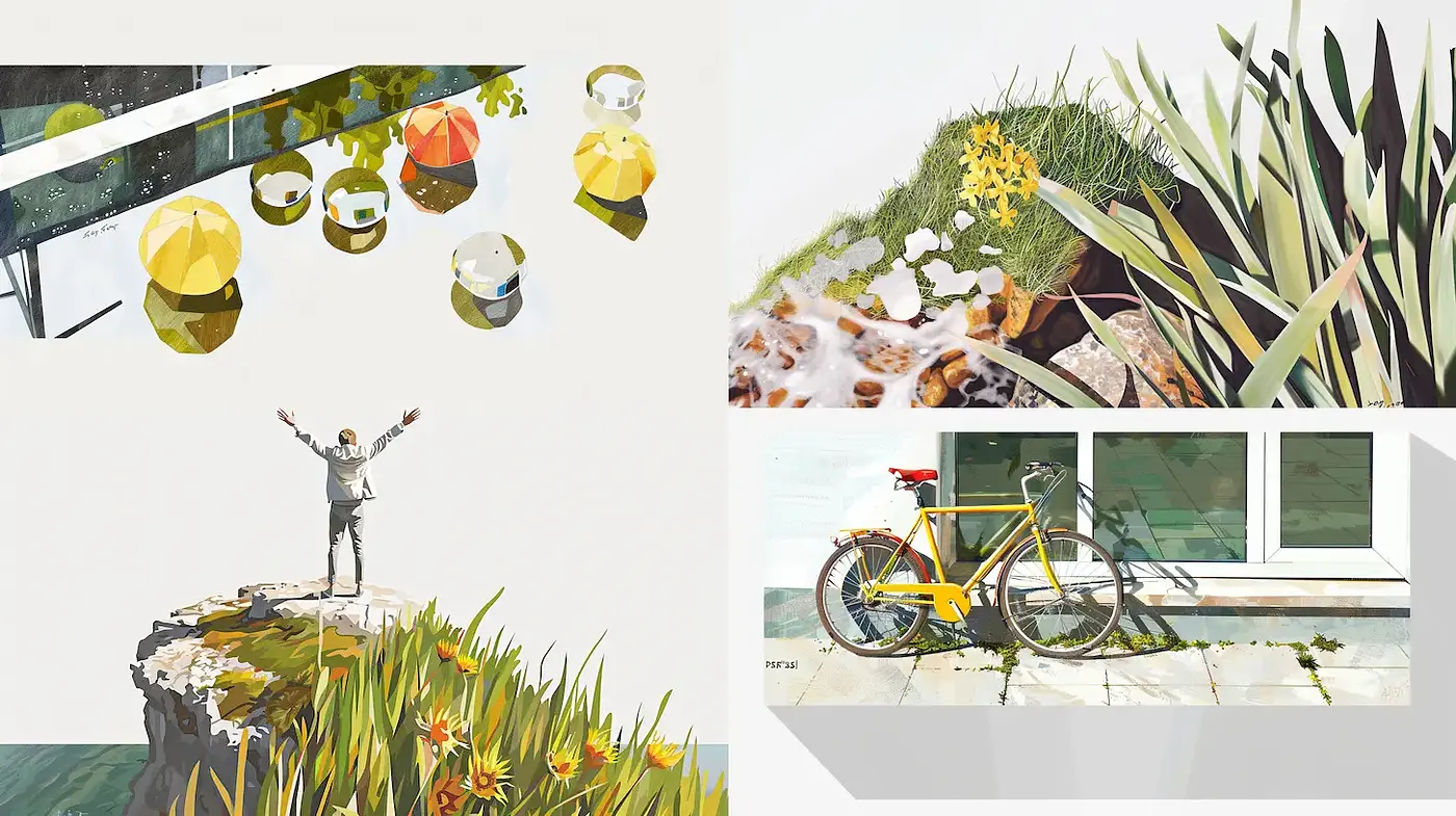 Contemporary Illustrative Style with Strong Natural Elements and a Playful Vibrancy - Midjourney sref style