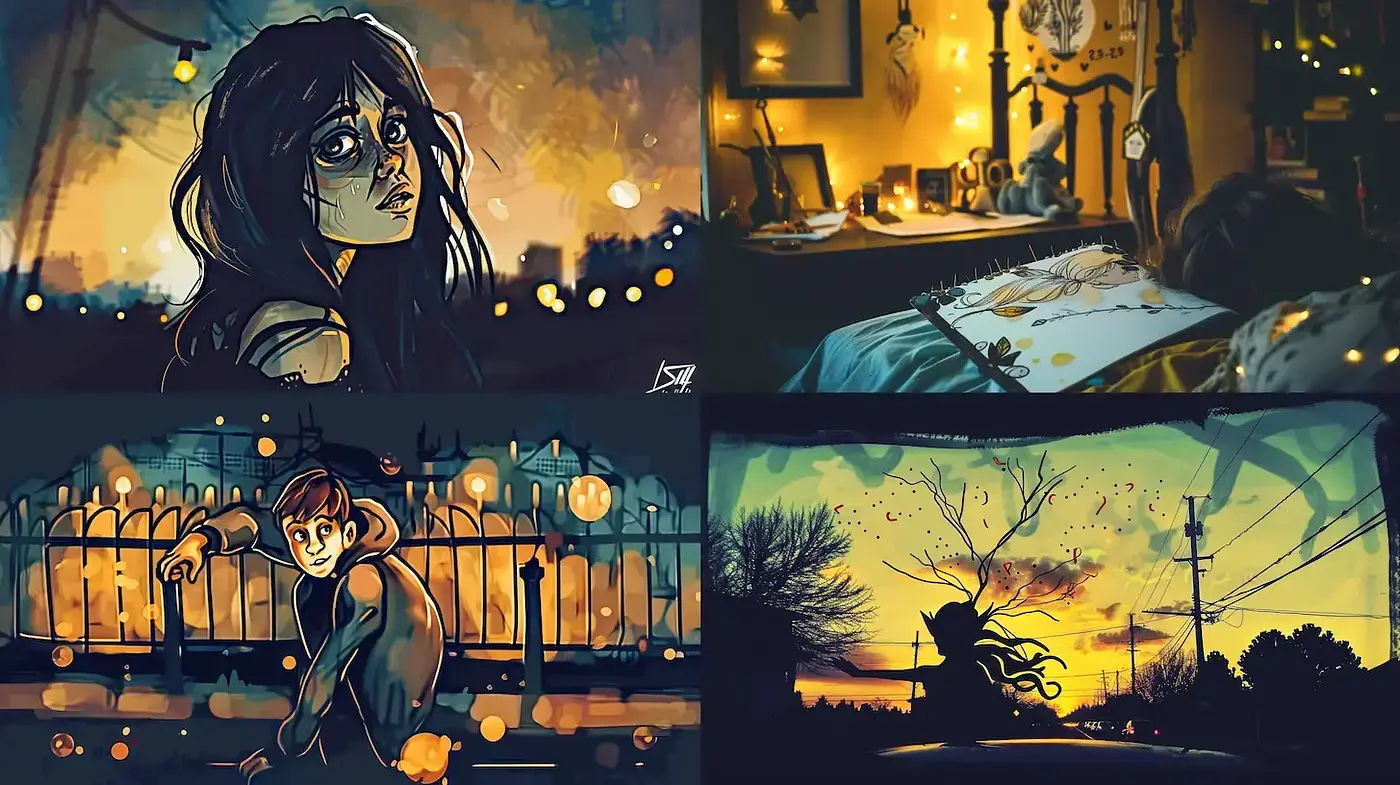 Nocturnal Hues and Comic Book Contours in Cinematic Frames - Midjourney sref style