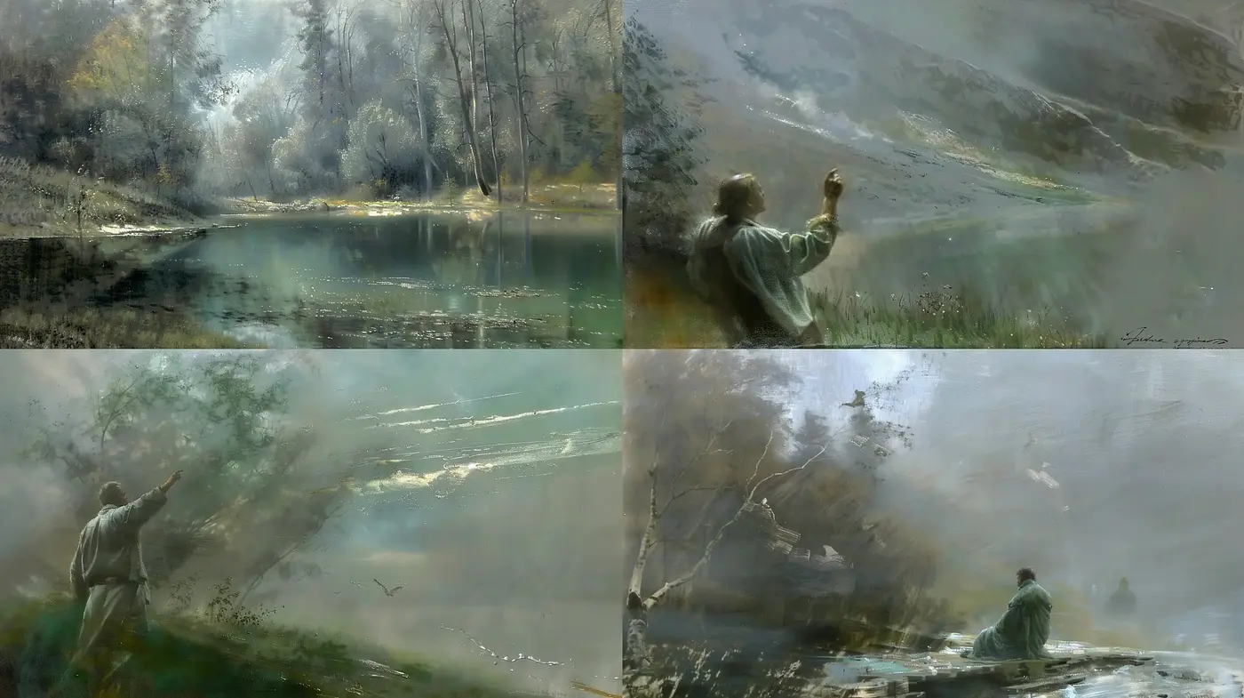 Ethereal Lakeside Serenity: A Dreamlike Impressionist Panorama - Midjourney sref style