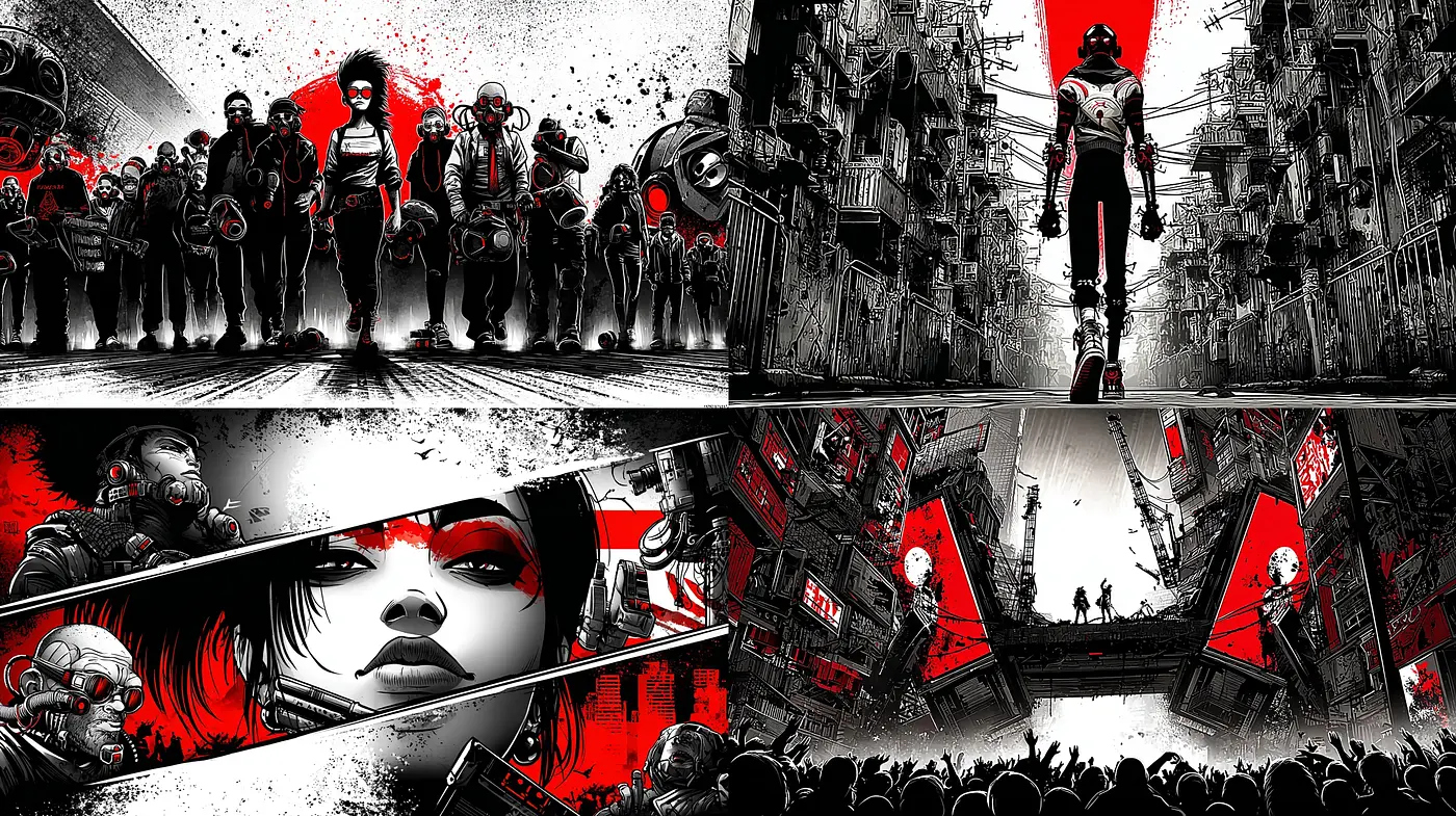 Futuristic Urban Dystopia with Bold Graphic Elements and Emotional Depth - Midjourney sref style