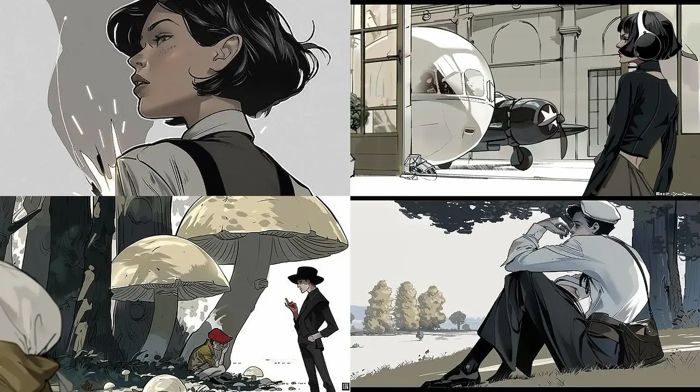 Stylized Vintage Illustration with Dramatic Characterization and Soft Color Palette - Midjourney sref style
