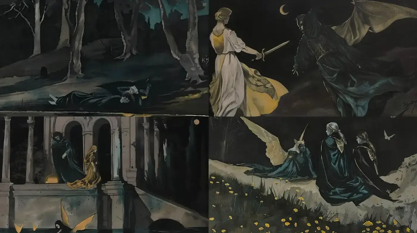 Ethereal and Haunting Surrealism with Dark Fantasy Elements - Midjourney sref style