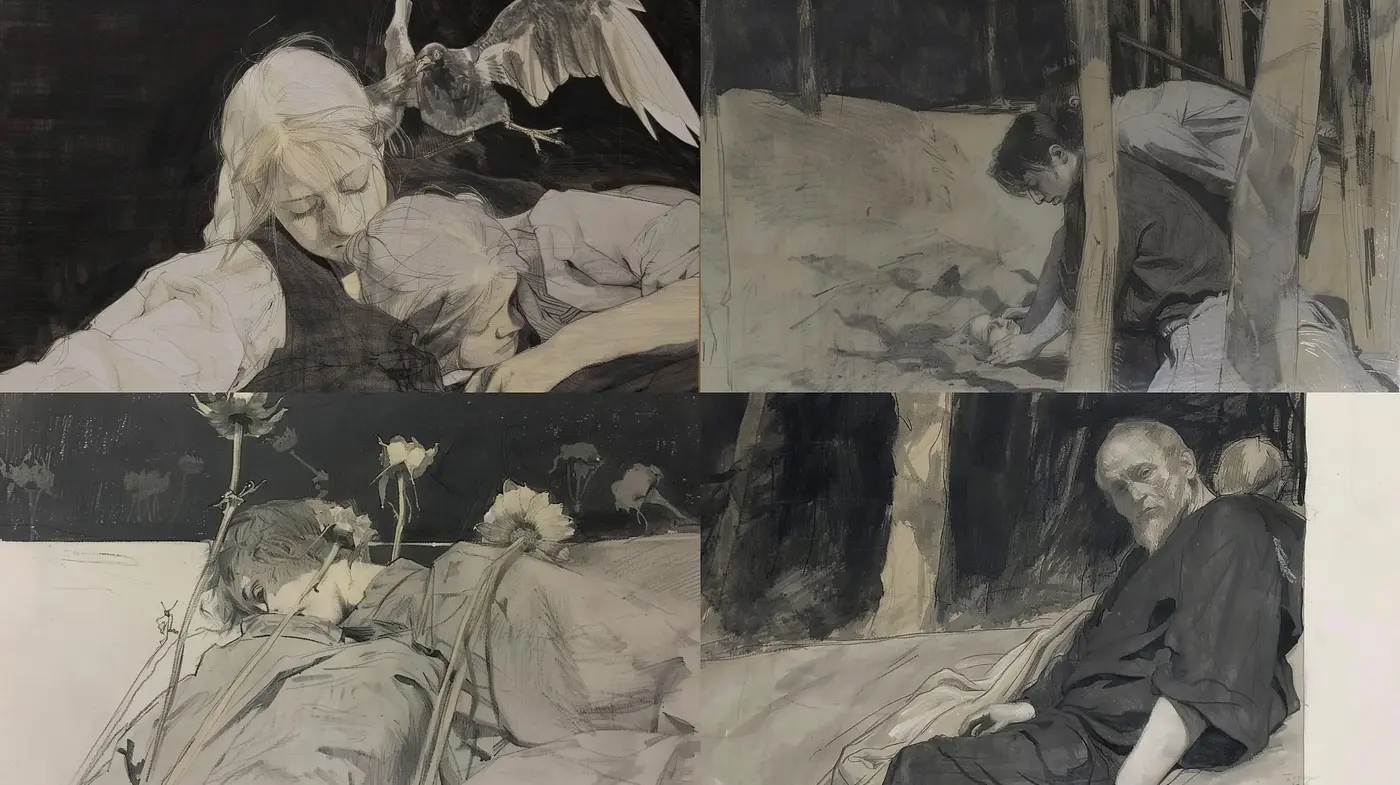 Monochromatic Melancholy: A Harmonious Blend of Graphite Textures and Subdued Emotions - Midjourney sref style