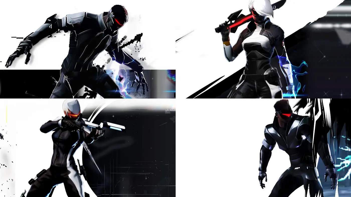 Sleek Cybernetic Aesthetic with Dynamic Contrasts and Futuristic Noir Overtones - Midjourney sref style
