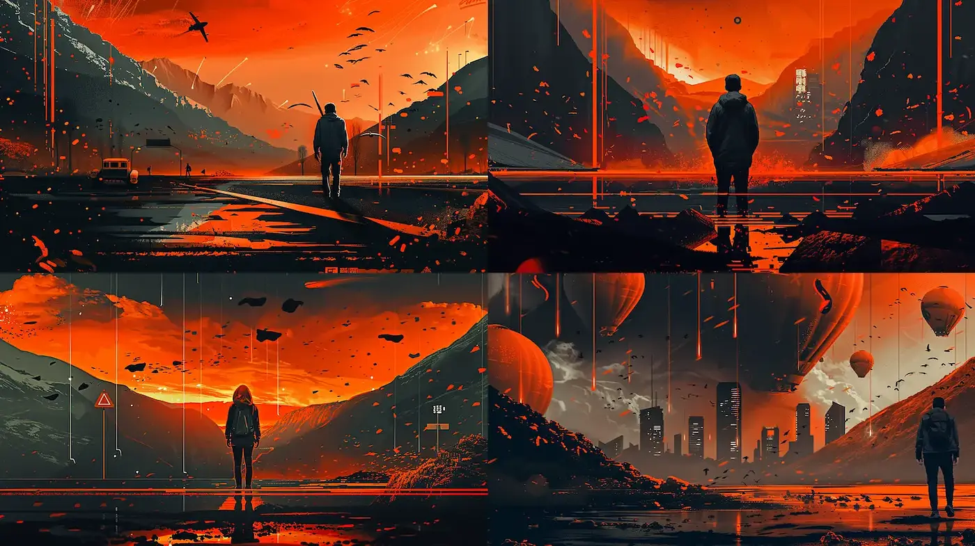 Dramatic dystopian landscapes in fiery hues - Midjourney sref style