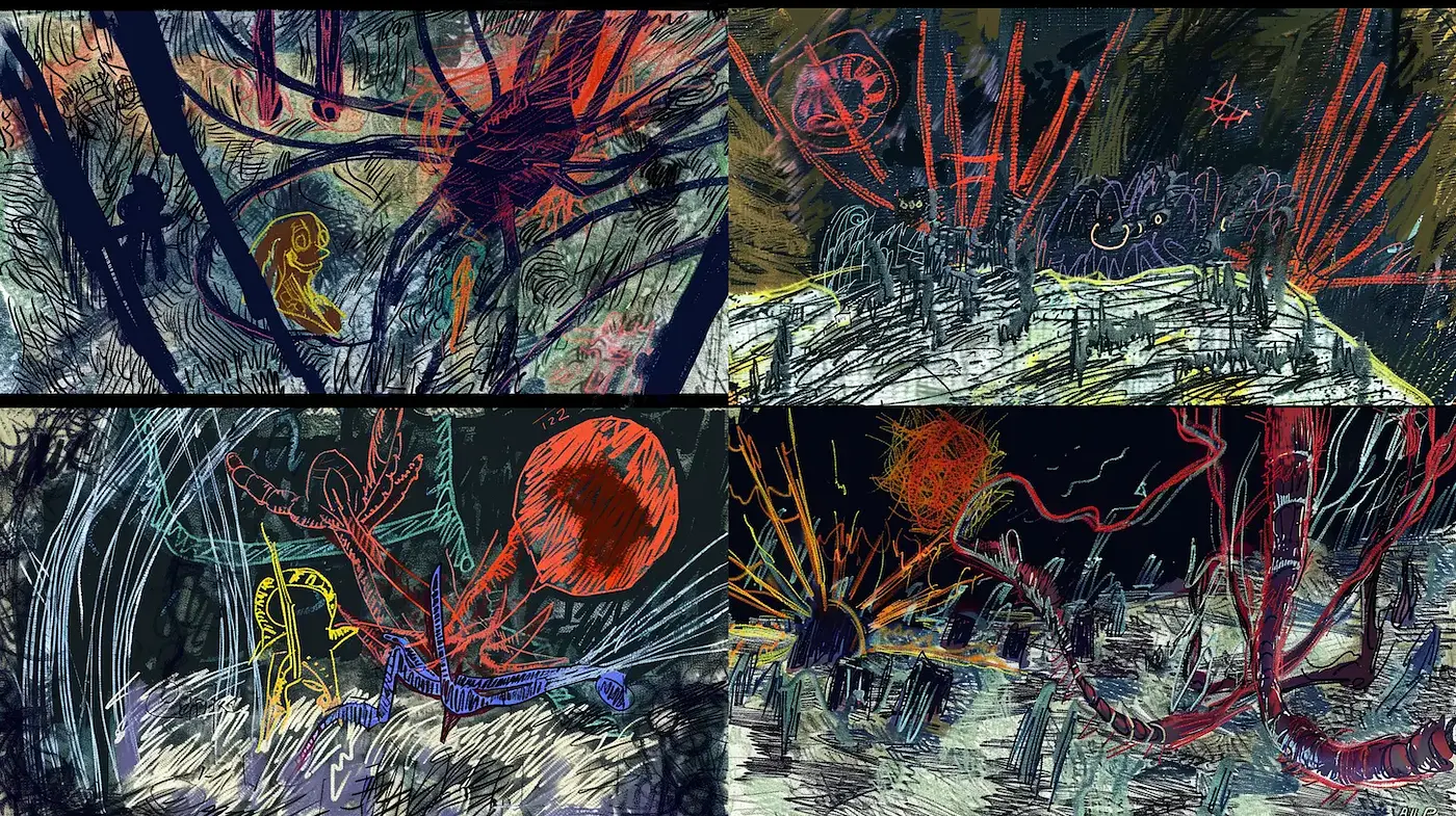 Abstract organic expressionism with intricate line work and vivid colors - Midjourney sref style