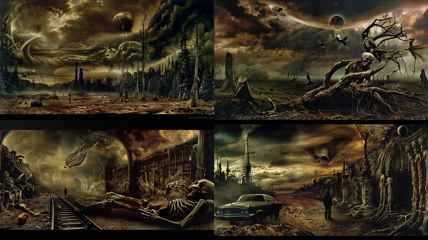 Post-Apocalyptic Dreamscape: Surreal Dystopian Echoes in Sepia Tones - Midjourney sref style