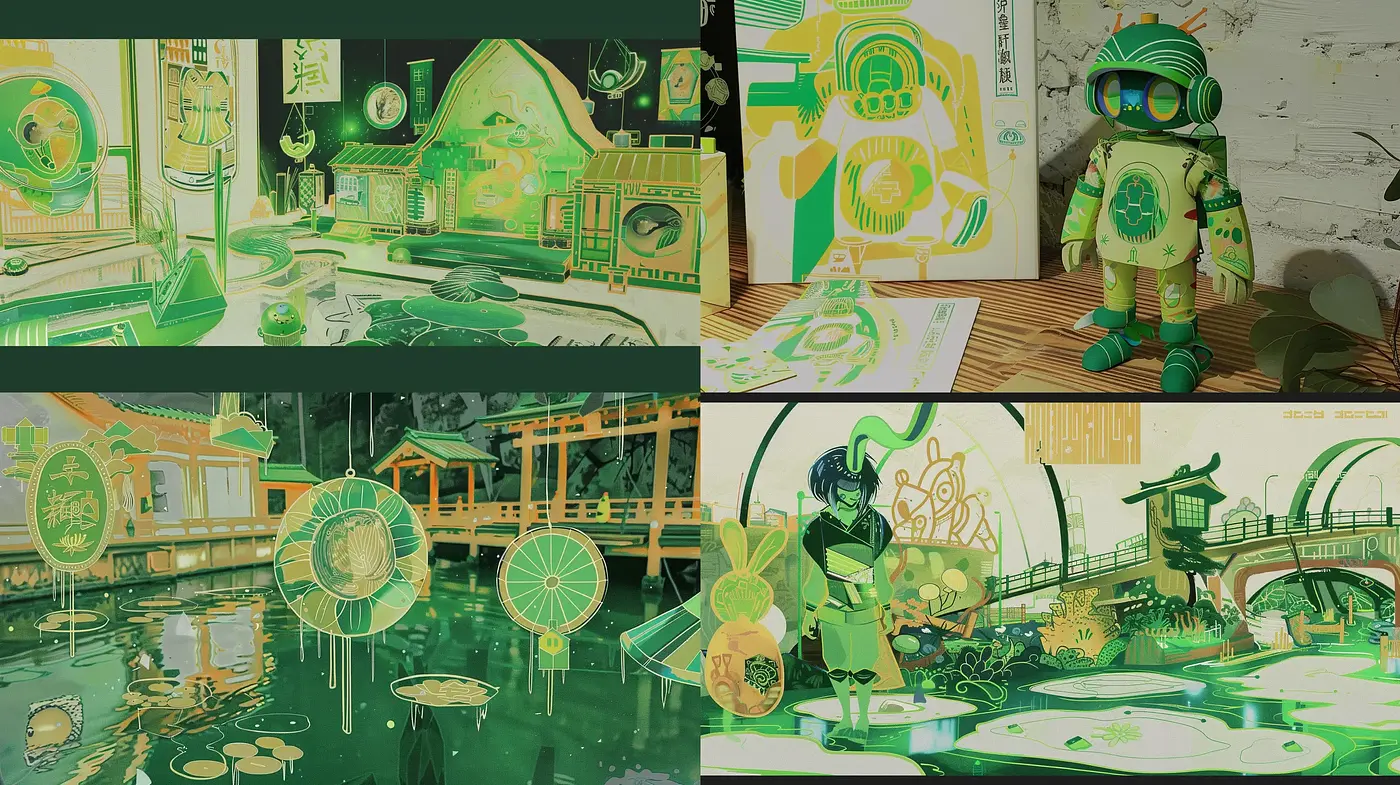 Emerald Dreamscape: A Retro-Futuristic Vision in Monochromatic Green - Midjourney sref style