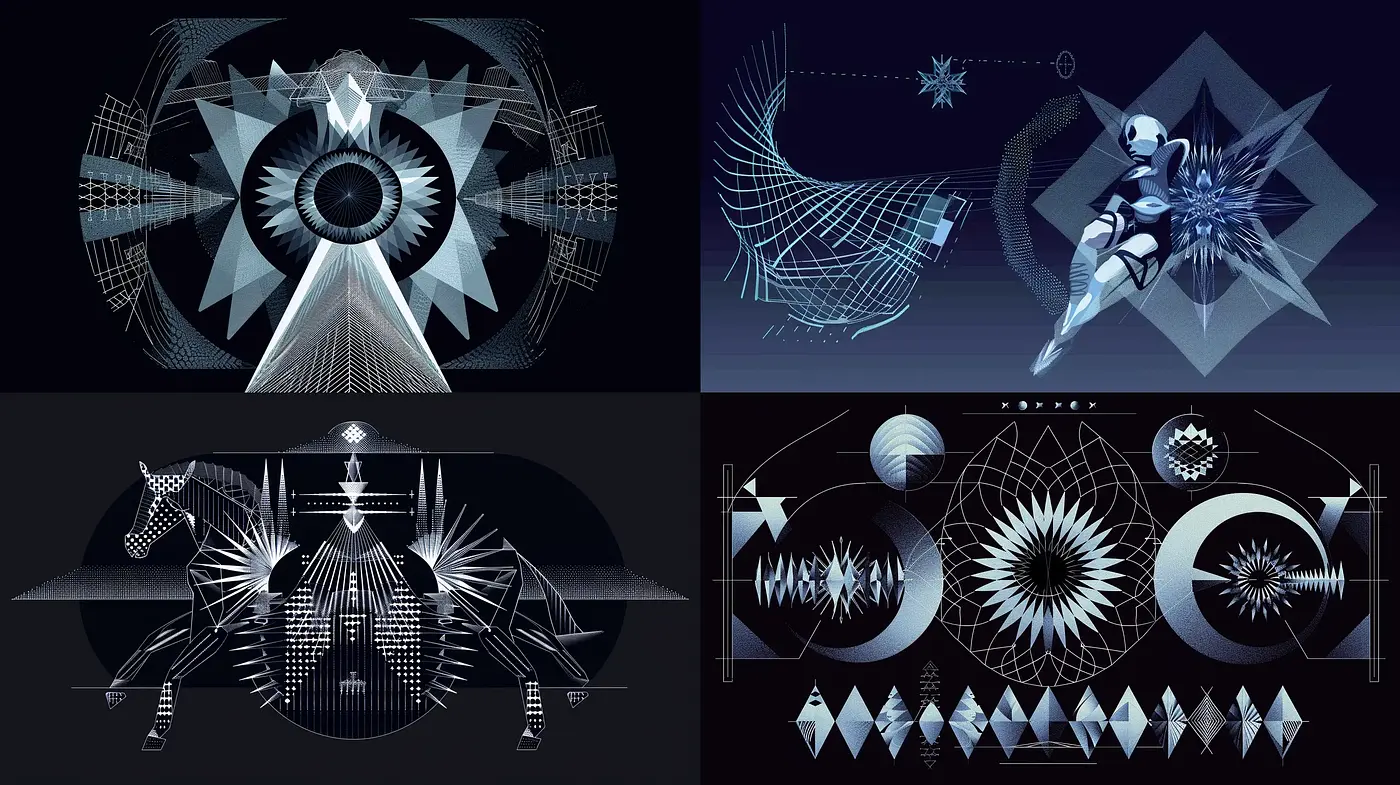 Futuristic Geometric Harmony: An Exploration of Symmetry and Abstract Forms in Digital Art - Midjourney sref style