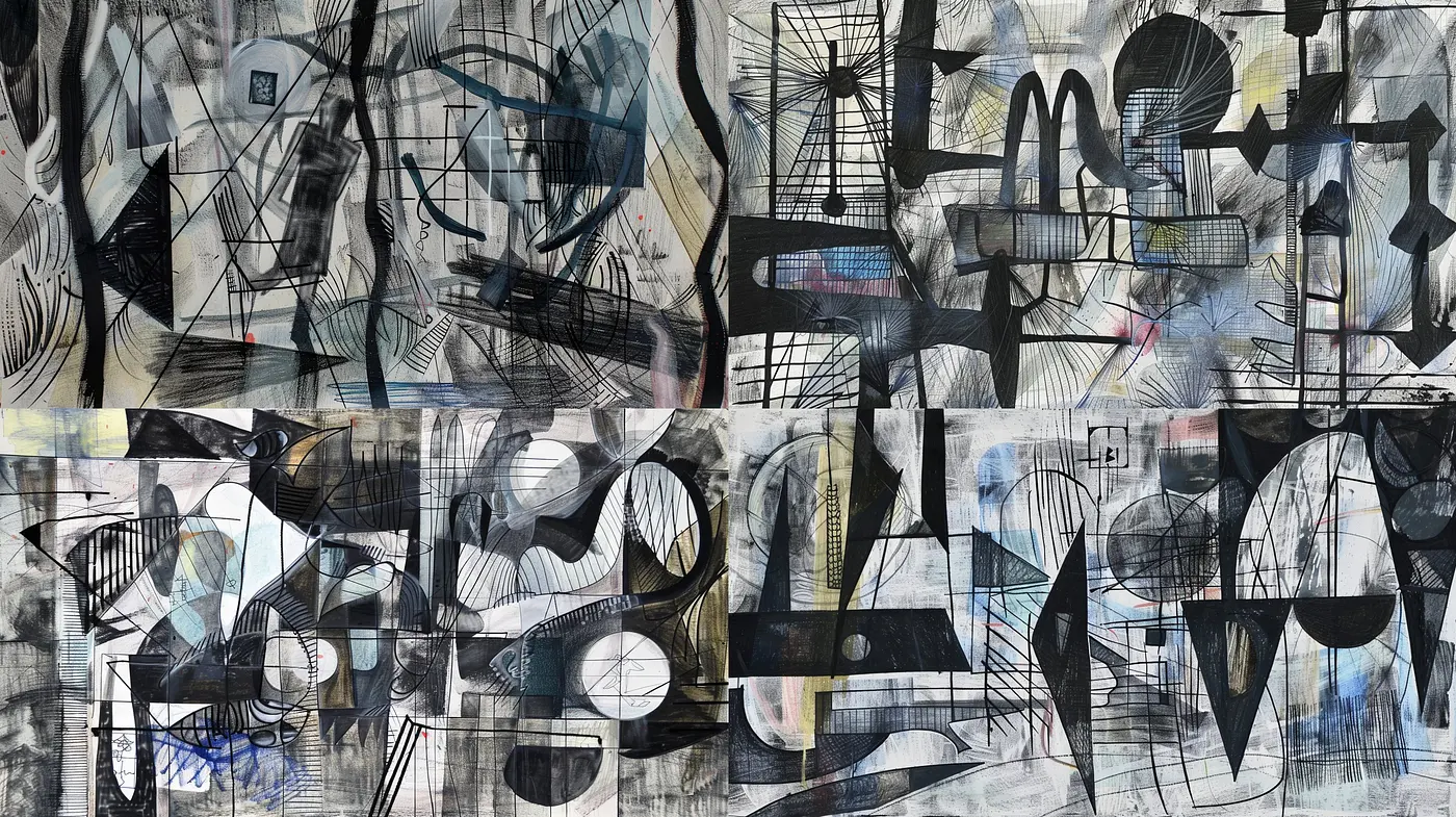 Synchronous Abstract Fusion: A Harmony of Monochrome and Ephemeral Hues - Midjourney sref style