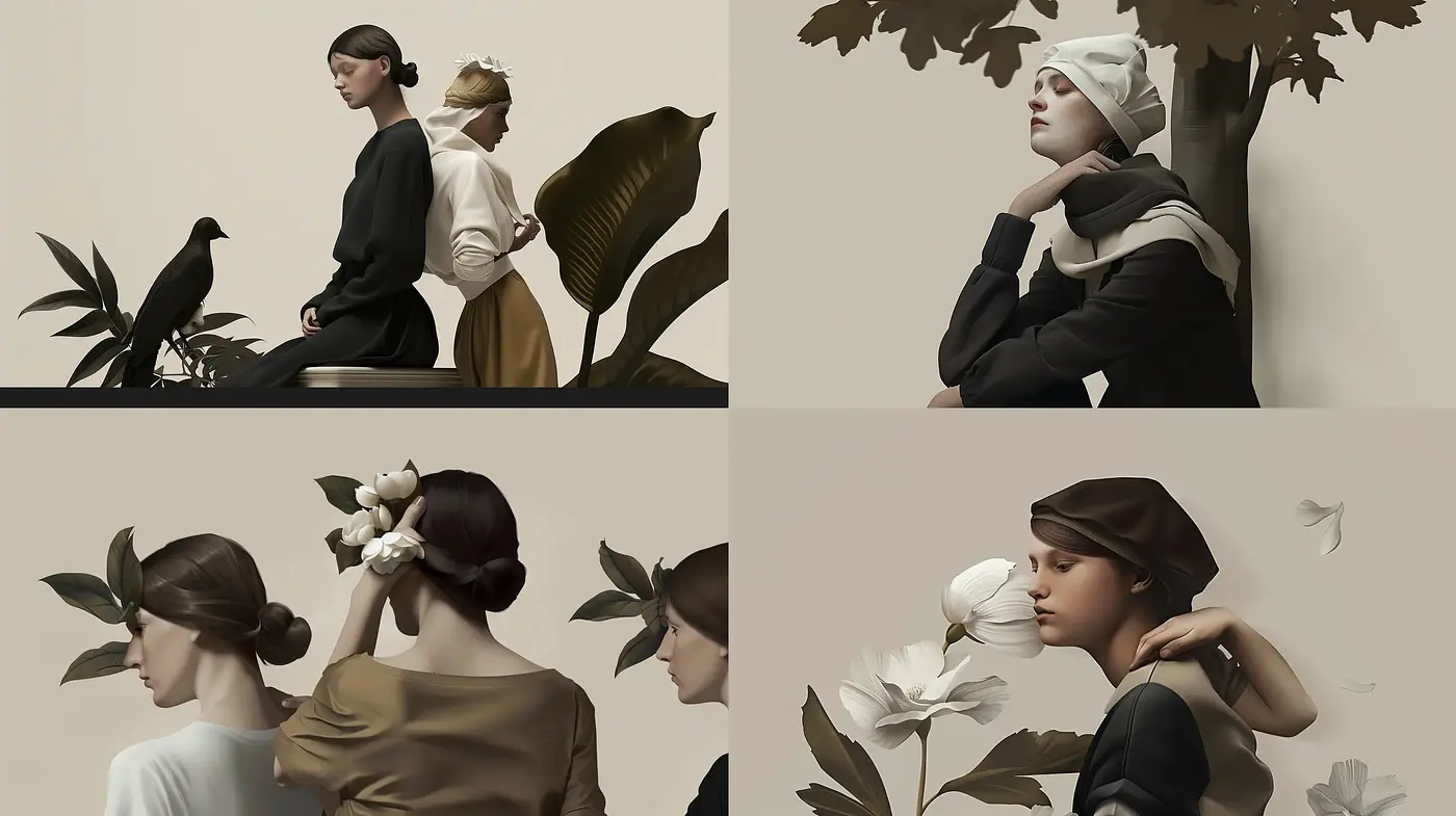 Timeless Serenity in Sepia: An Homage to Classical Portraiture and Natural Forms - Midjourney sref style