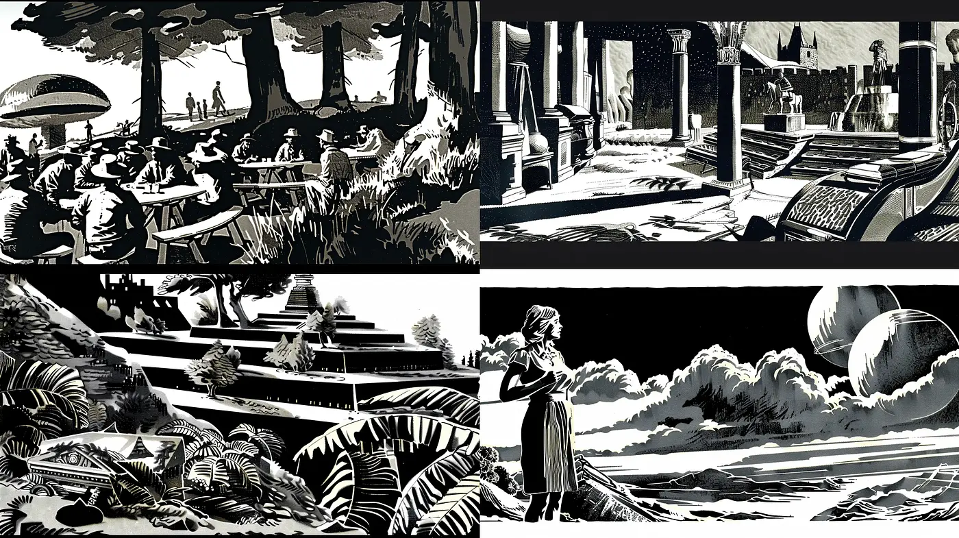 Monochromatic Intricacy: A Dance of Shadows and Light in Contemporary Graphic Expression - Midjourney sref style