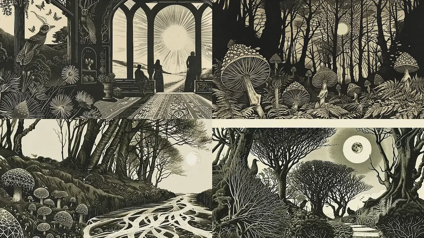 Intricate Mono-Chrome Illustrations Evoking Natural Mystery and Wonder - Midjourney sref style