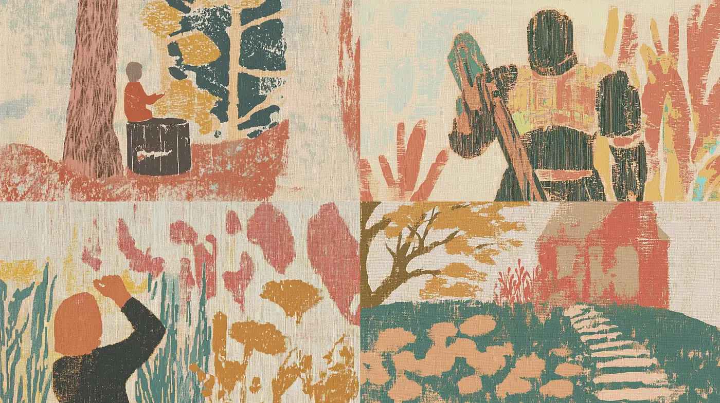 Abstracted Autumnal Hues with a Pastoral Essence - Midjourney sref style