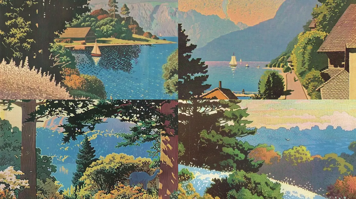 Idyllic Landscapes in Stippled Pastel Hues - Midjourney sref style