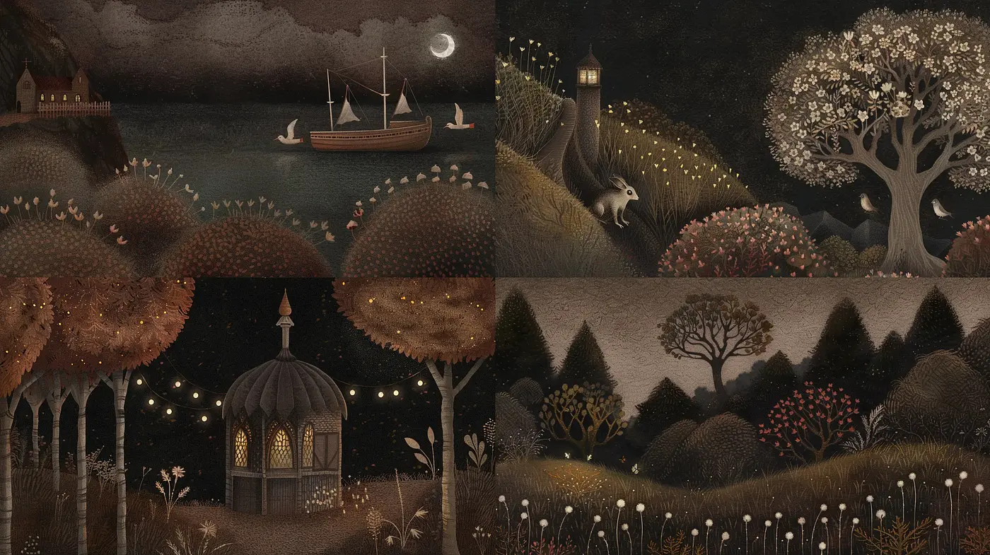 Enigmatic Nocturnal Landscapes with a Phantasmagorical Touch - Midjourney sref style
