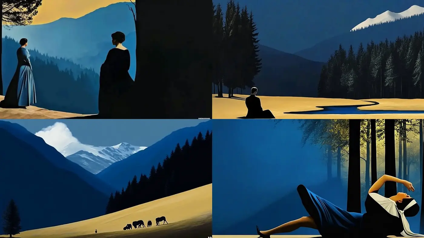 Serene Twilight Silhouettes Amidst Enigmatic Terrains - Midjourney sref style