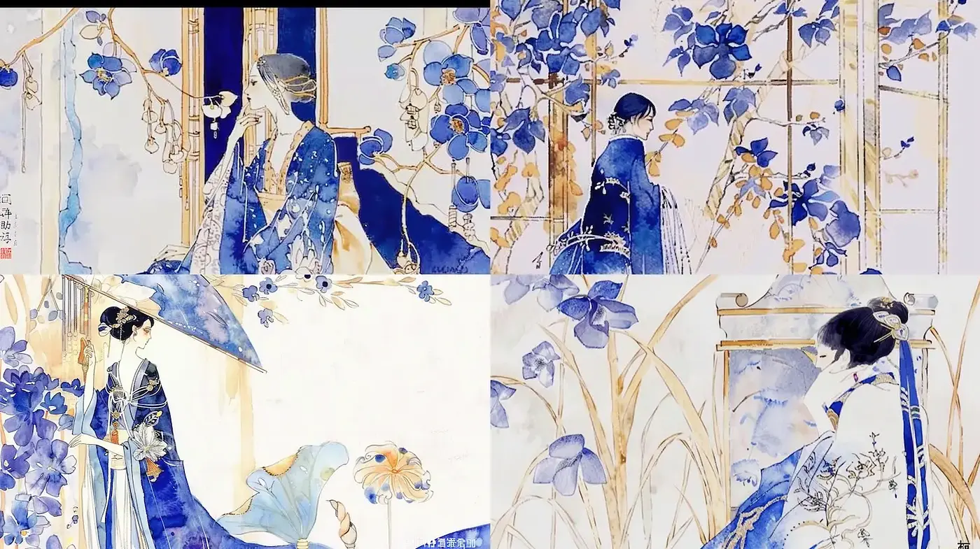 Elegant and Serene Blue Floral Aesthetic with Subtle Historical Influences - Midjourney sref style