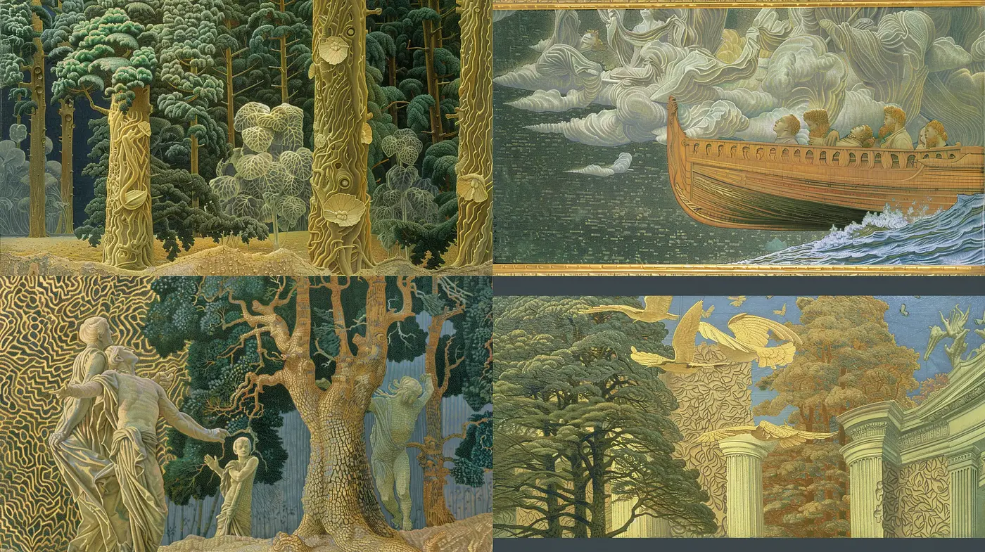 Emerald Hues and Golden Swirls: A Neo-Mythological Tapestry - Midjourney sref style