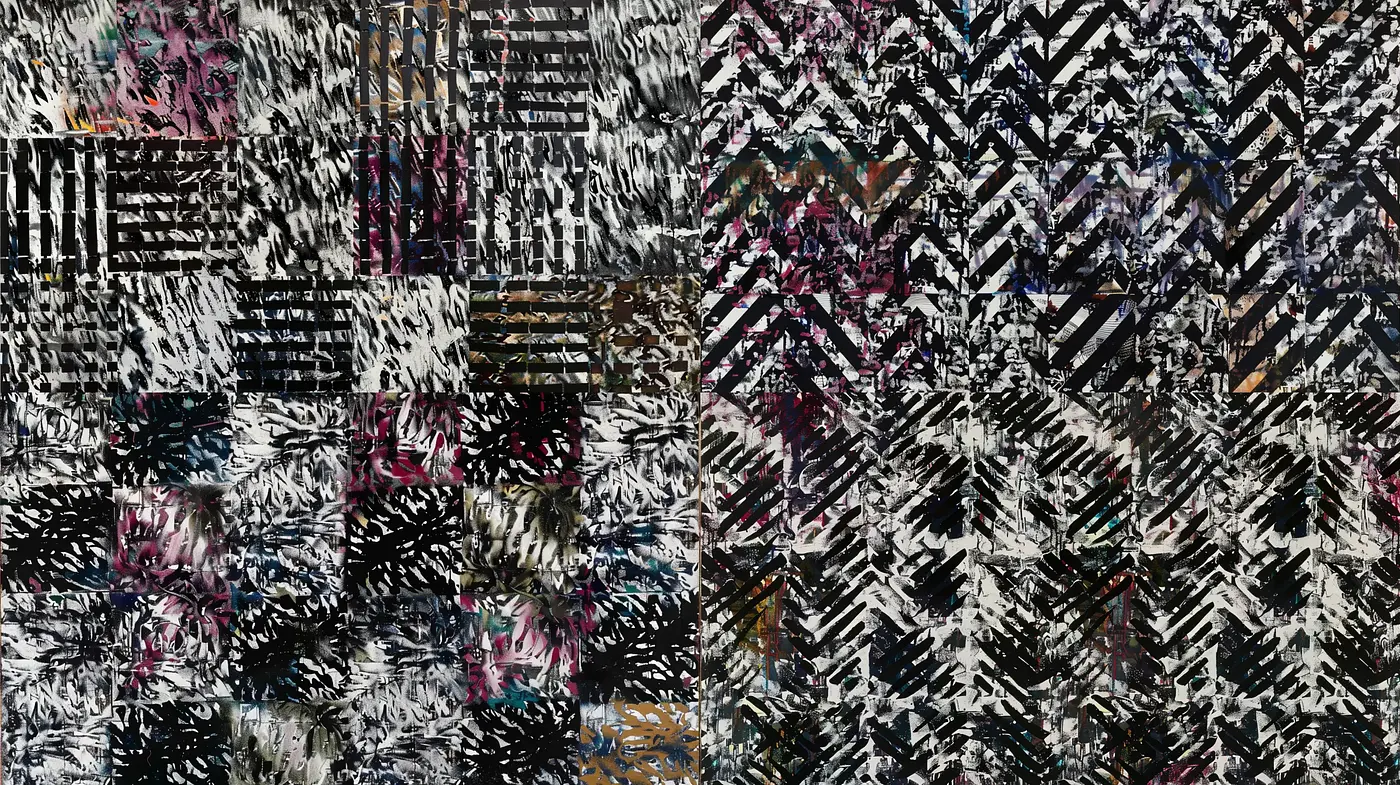 Abstract Hatched Textural Synthesis in Monochrome with Splashes of Vivid Color - Midjourney sref style