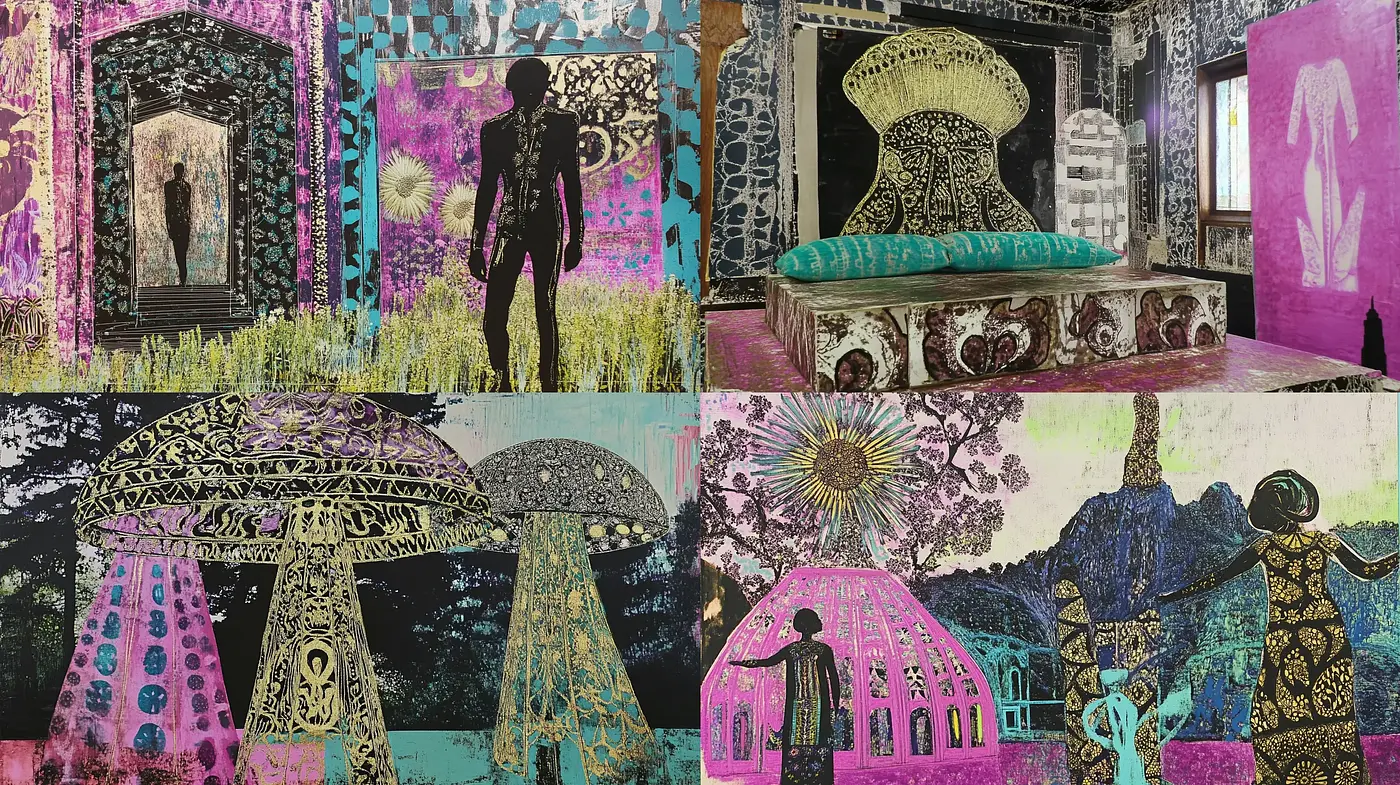 Eclectic Textured Montage with Psychedelic Art Nouveau Overtones - Midjourney sref style