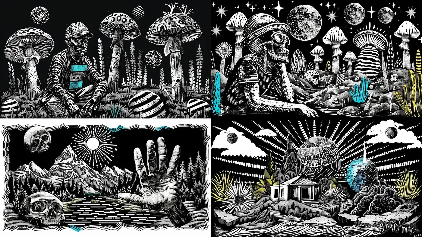 Stark Contrasting Psychedelic Linework Art - Midjourney sref style