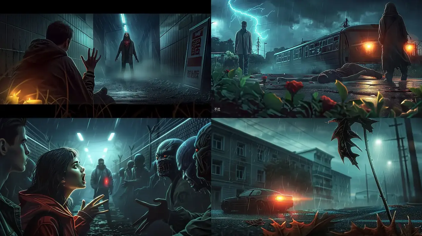 Surreal and atmospheric portrayal with elements of tension and suspense - Midjourney sref style