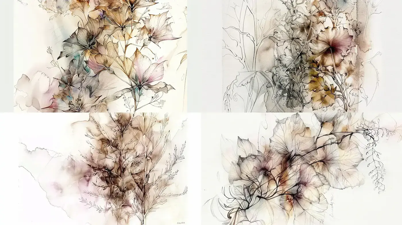 Ethereal Floral Illustrations with Soft Color Gradients and Delicate Line Work - Midjourney sref style