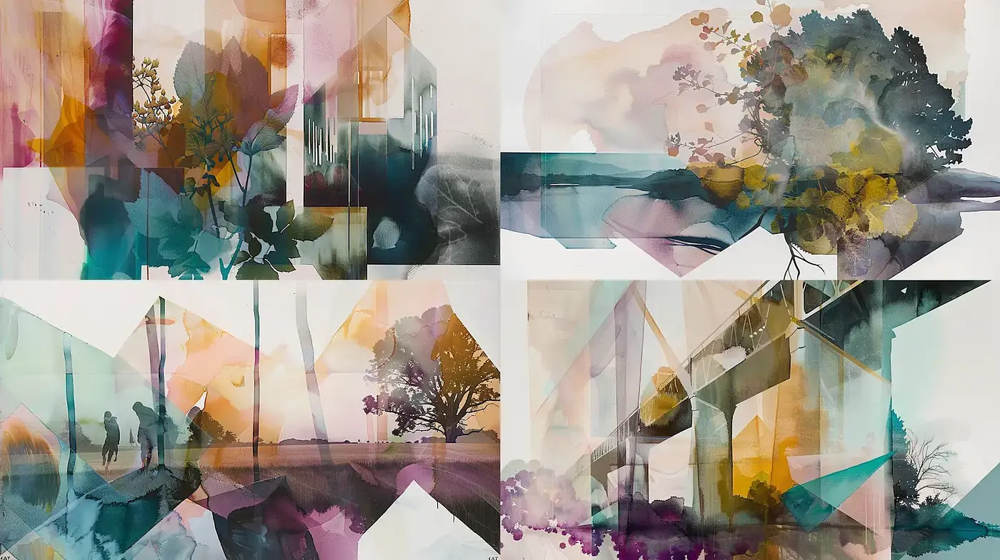 Contemporary Abstract Watercolor Collage with Nature Elements - Midjourney sref style