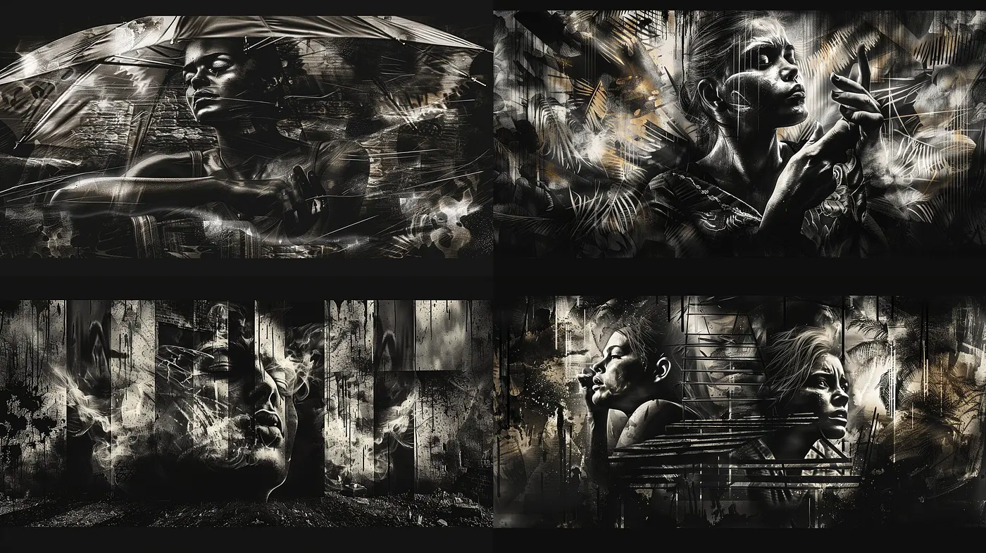 Monochromatic Symphony of Textured Expressions - Midjourney sref style