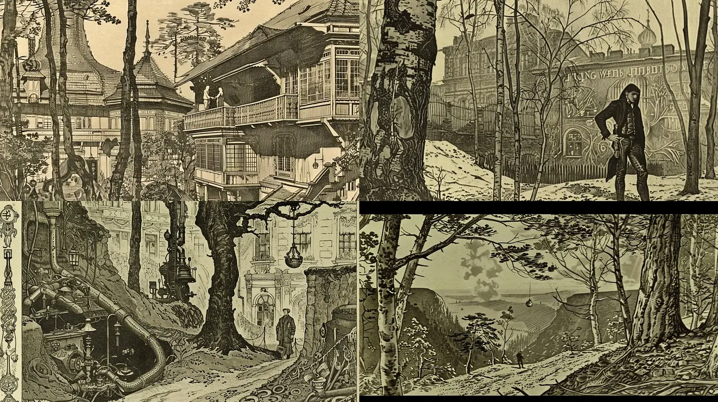 Ethereal Sepia-Toned Dreamscape: A Fusion of Detailed Vintage Illustrations and Surrealist Imagery - Midjourney sref style