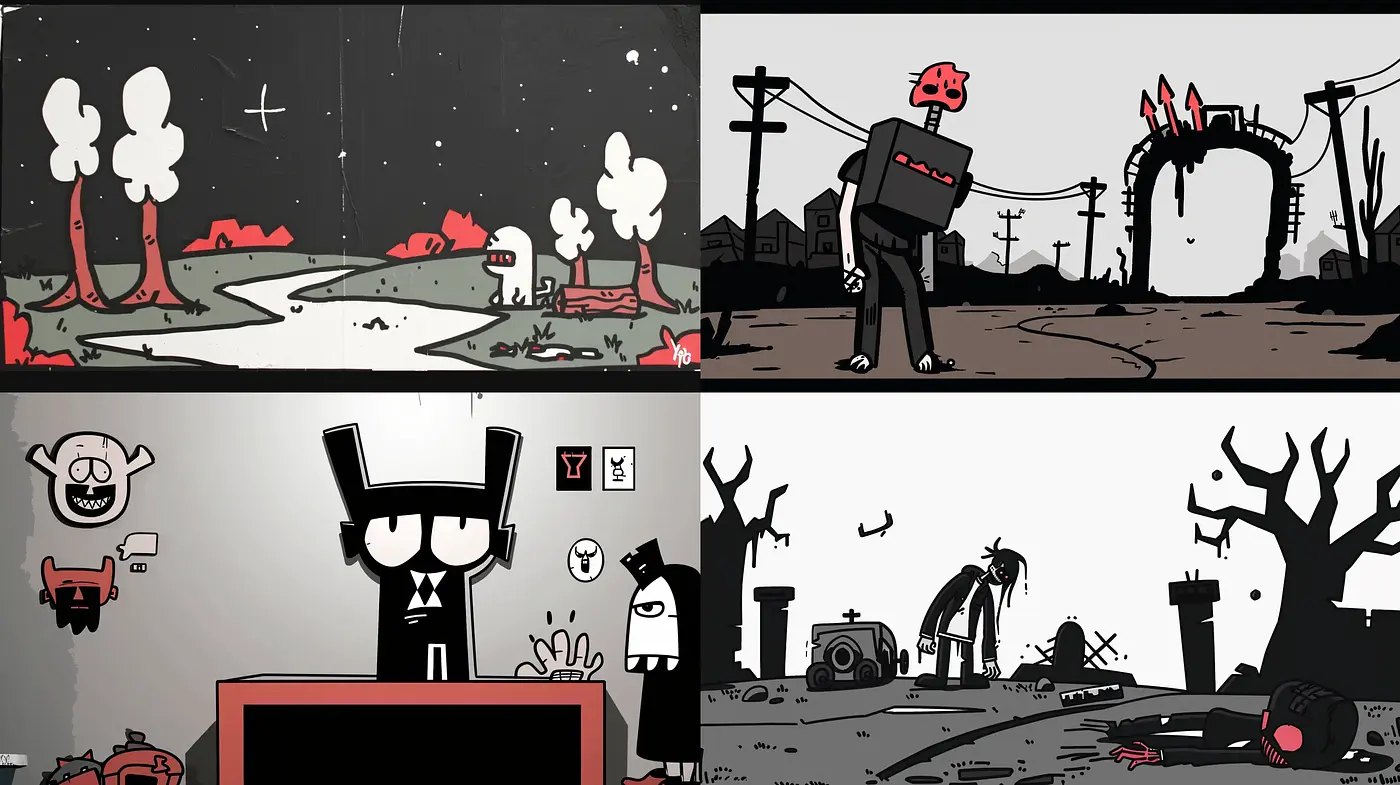 Stylized Monochromatic Storyboard Imagery with Surrealist Undertones - Midjourney sref style