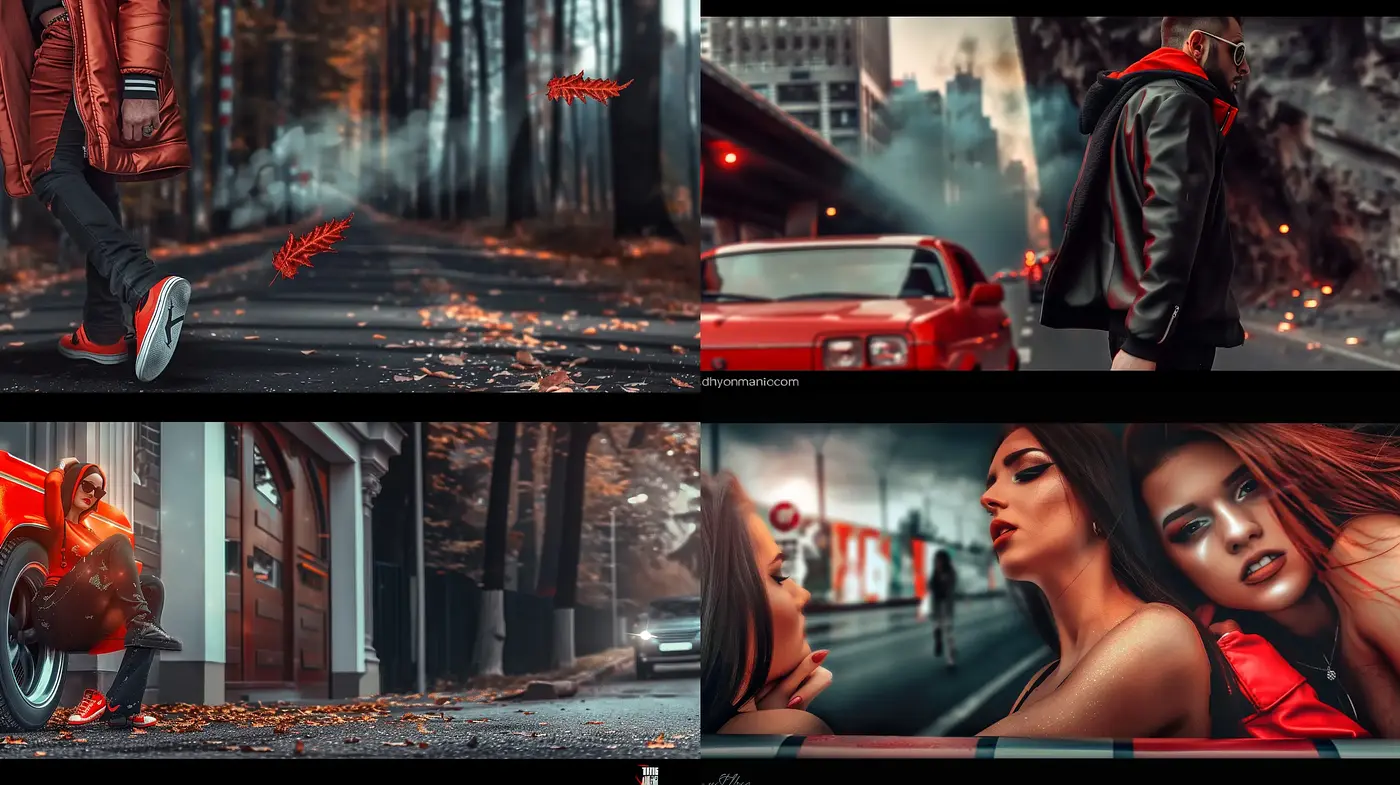 Cinematic Autumn Elegance in Red and Smoky Hues - Midjourney sref style
