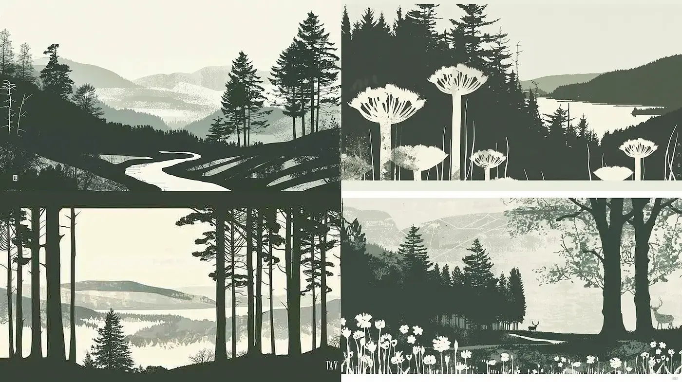 Stylized Nature Scenes with a Cohesive Monochromatic Aesthetic - Midjourney sref style