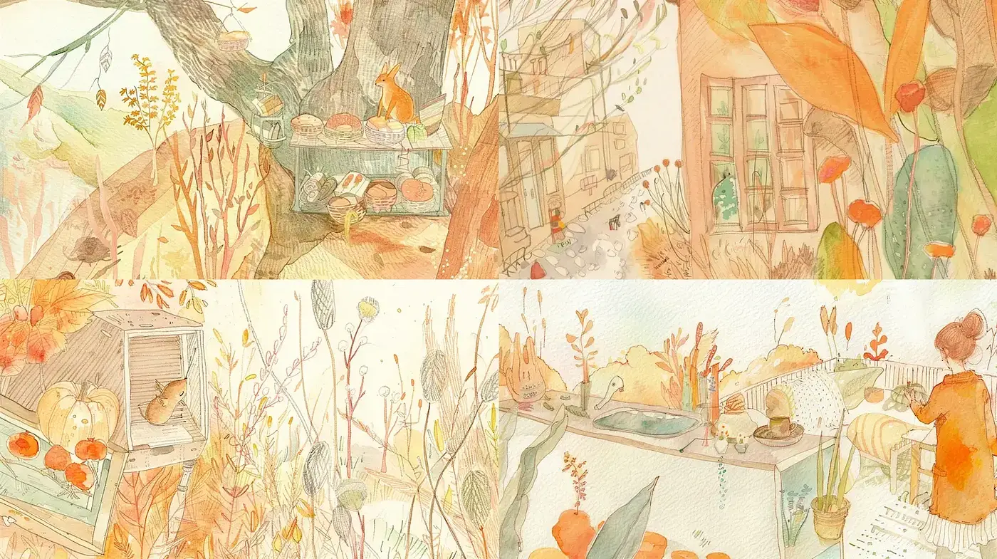 Warm Autumnal Watercolor Idyll - Midjourney sref style