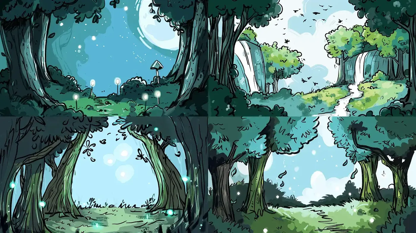 Enchanting Forest Landscapes with Consistent Illustrative Style - Midjourney sref style