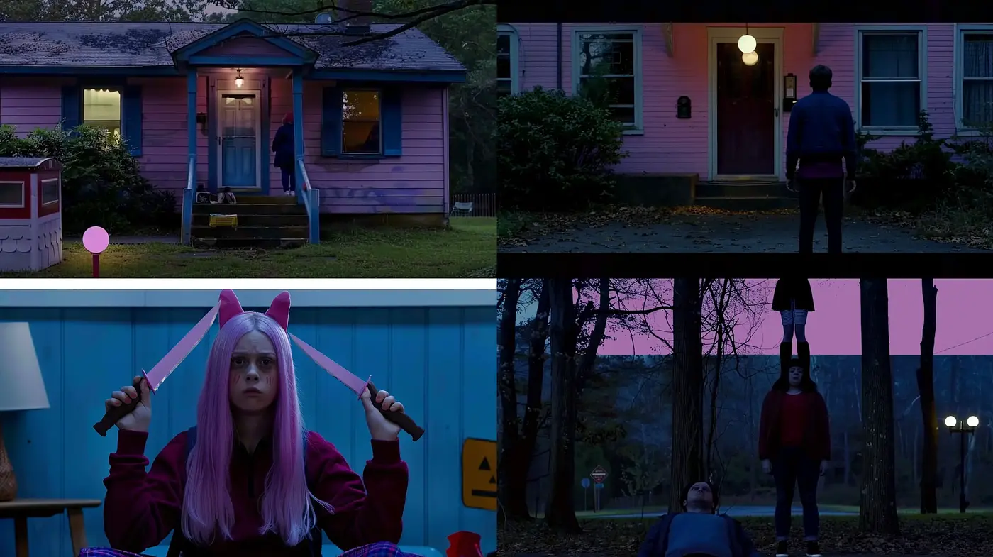 Twilight Hues and Surreal Scenes: A Cinematic Exploration in Pink and Blue - Midjourney sref style