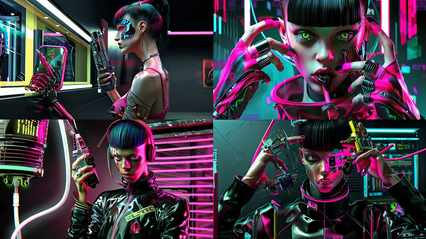 Neon Cyberpunk Dreamscape: A Fusion of High-Tech and Dark Aesthetic - Midjourney sref style