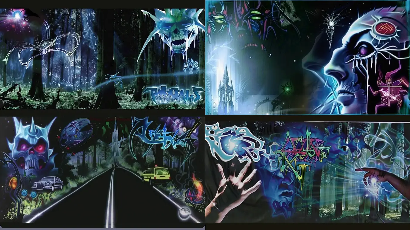 Luminous Graffiti Dreamscape: A Fusion of Neon Cyberpunk and Street Art - Midjourney sref style