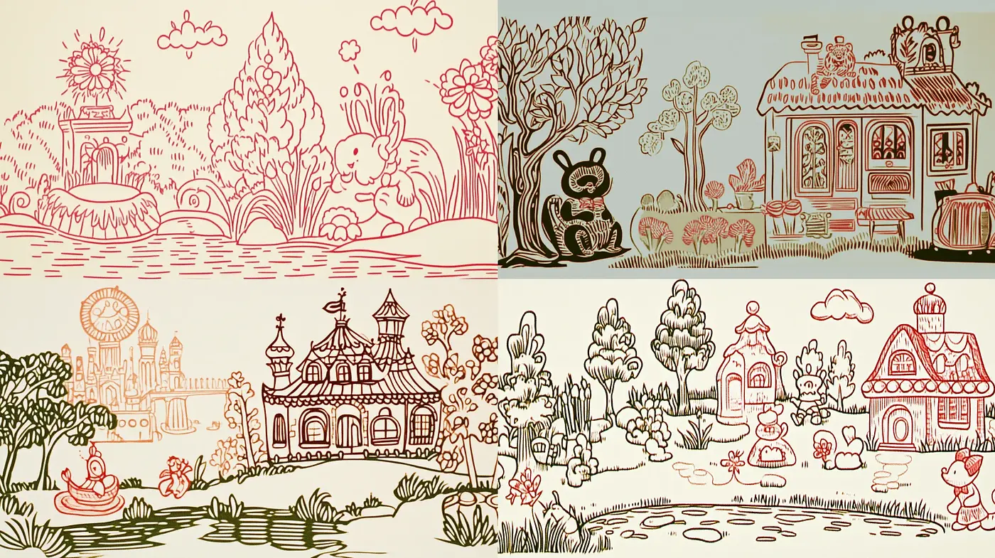 Whimsical Storybook Contours with a Retro Chromatic Twist - Midjourney sref style