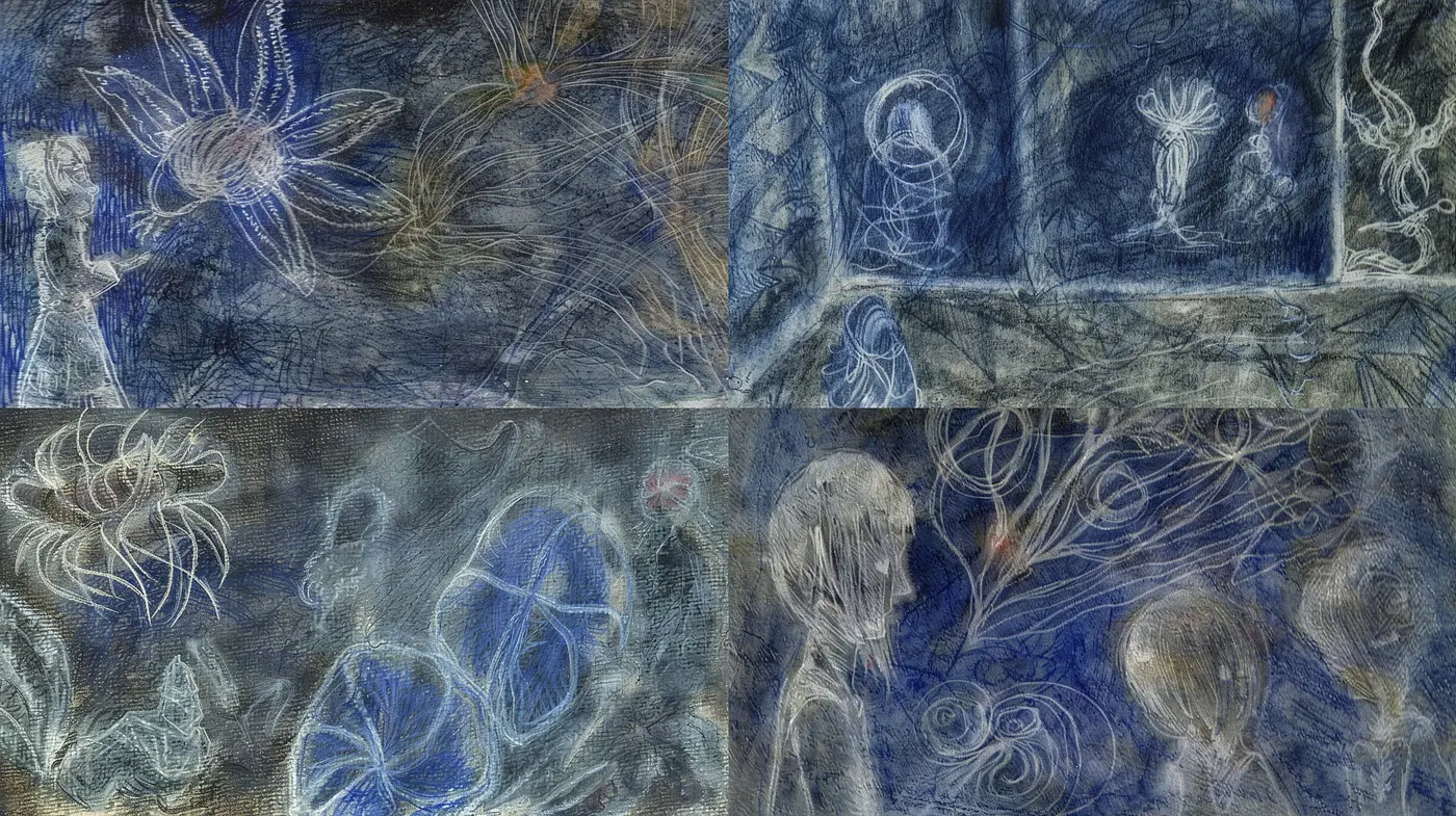 Ethereal Blue Dreamscape: A Synthesis of Textured Whimsy and Monochromatic Mystique - Midjourney sref style