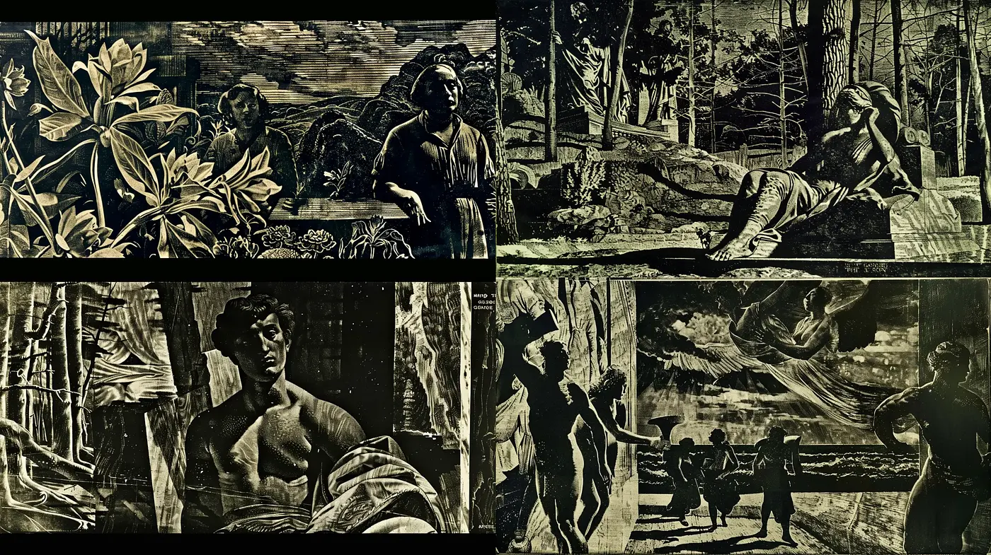 Monochromatic Mystique: Shades of Sepia in Stylized Tableau - Midjourney sref style