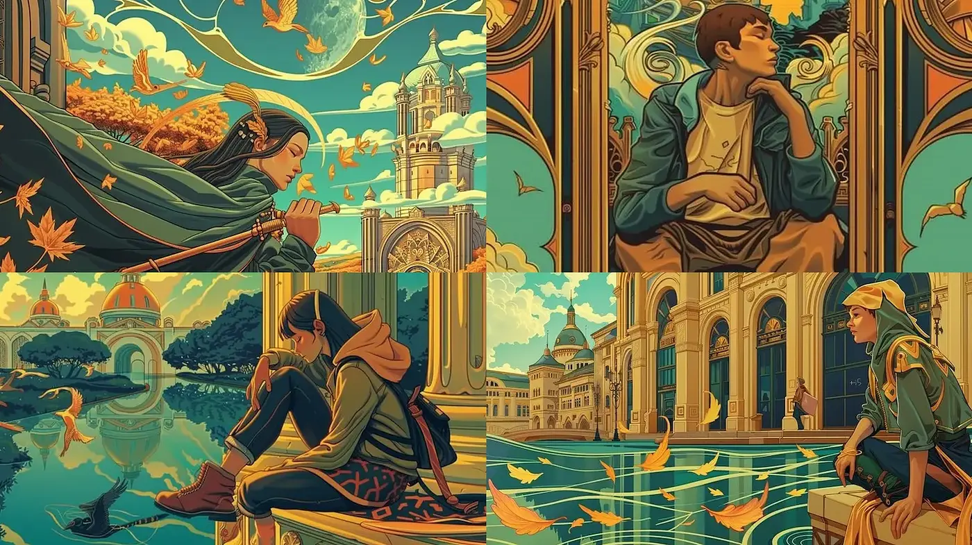 Whimsical and Enigmatic Urban Dreamscapes with a Touch of Fantasy - Midjourney sref style