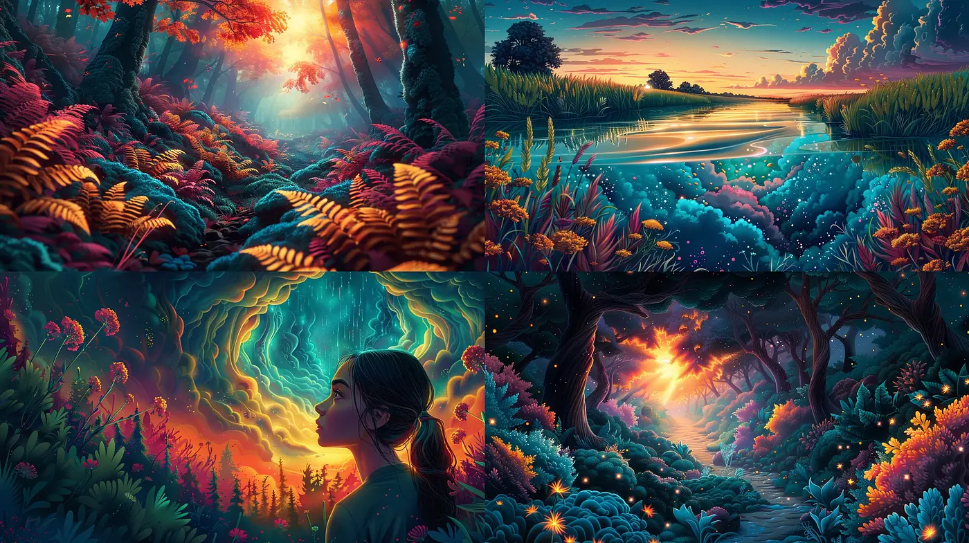 Ethereal Twilight: A Fusion of Vibrant Hues and Dreamy Landscapes - Midjourney sref style