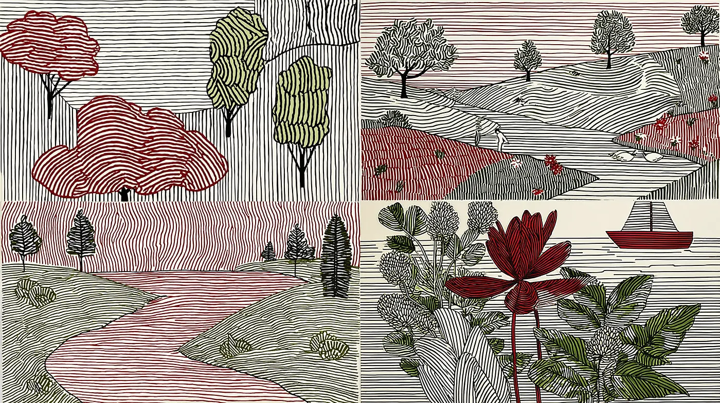 Whimsical Linear Nature Illustration with Harmonious Color Palette - Midjourney sref style